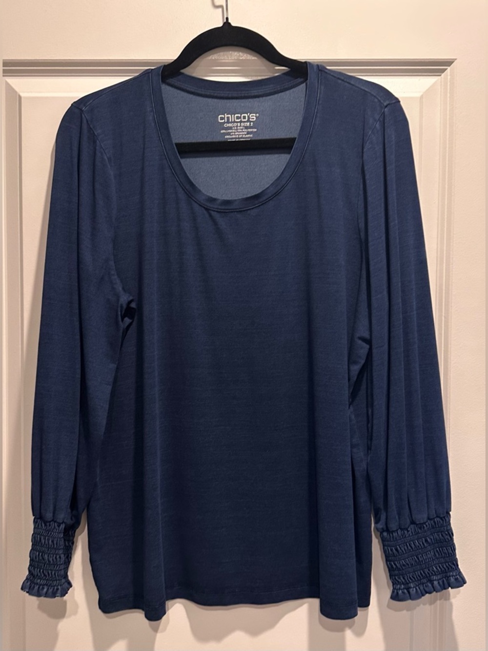 Chico's Dark Navy (denim color) Long-Sleeve Scoop Neck Top with Smocked Cuffs